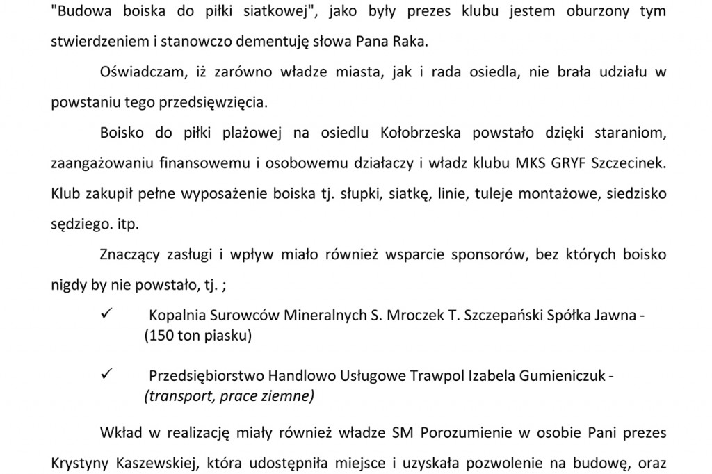 Grzegorz Poczobut dementuje słowa Daniela Raka. To nie miasto wybudowało boisko do siatkówki