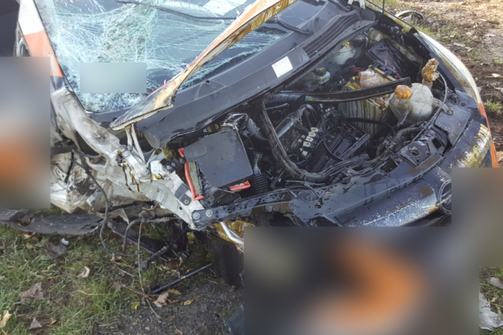 Samochód uderzył w drzewo i dachował