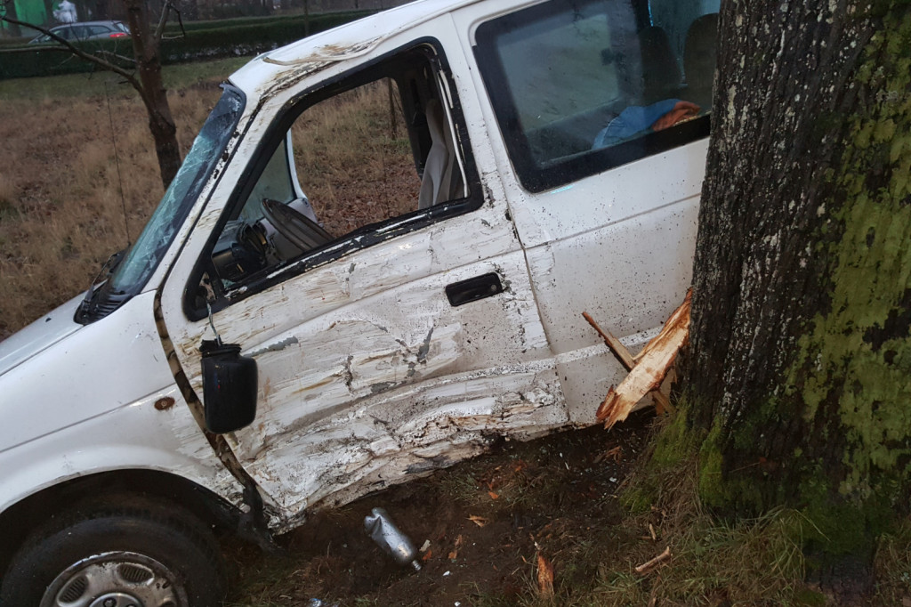 Wypadek koło Barwic. Droga Krajowa 172. Chrysler uderzył w drzewo.