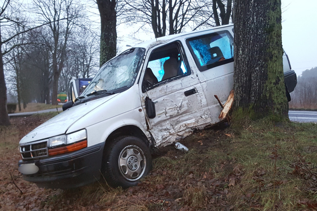 Wypadek koło Barwic. Droga Krajowa 172. Chrysler uderzył w drzewo.