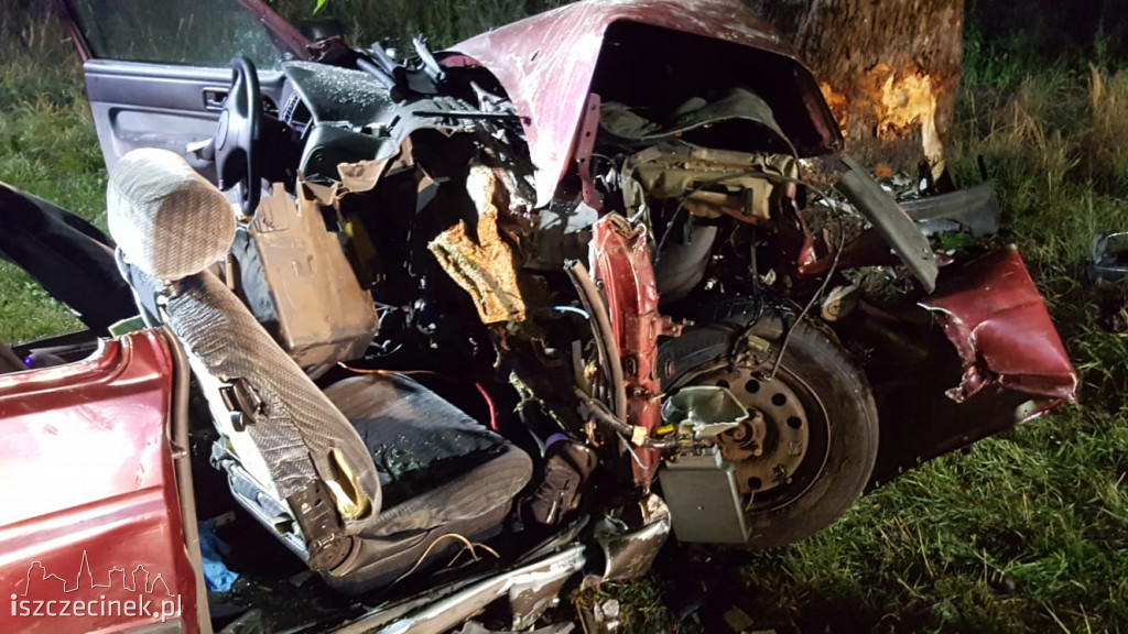 Ford roztrzaskał się na drzewie. Jechało nim trzech młodych mężczyzn