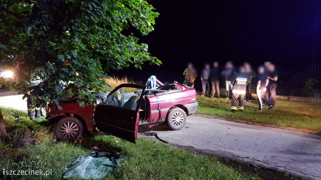 Ford roztrzaskał się na drzewie. Jechało nim trzech młodych mężczyzn