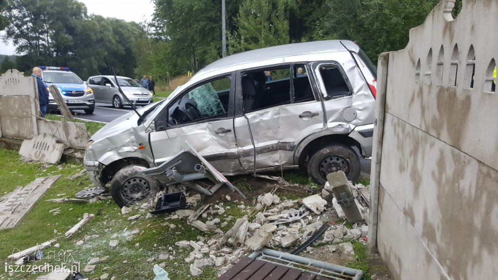 Jeleń (gm. Borne Sulinowo). Ford wpadł w betonowe ogrodzenie (DK-20)