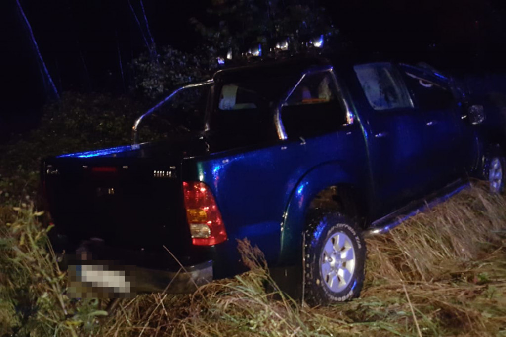 Toyota uderzyła w dzika i przewróciła się na bok