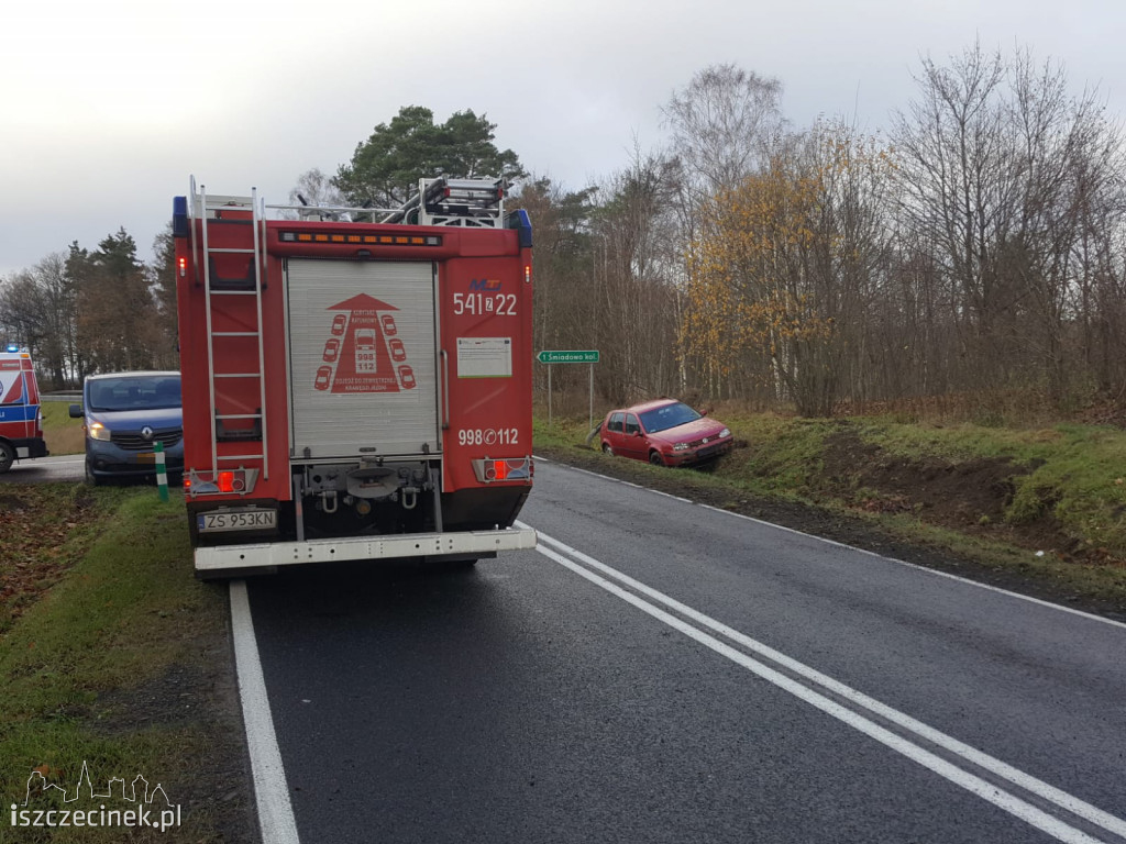 Volkswagen wypadł z jezdni na DK-20. Jedna osoba ranna ZDJĘCIA