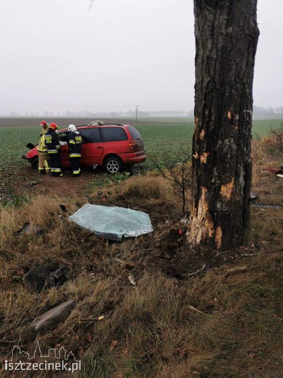 Volkswagen z dużą siłą uderzył w drzewo. Jedna osoba w szpitalu