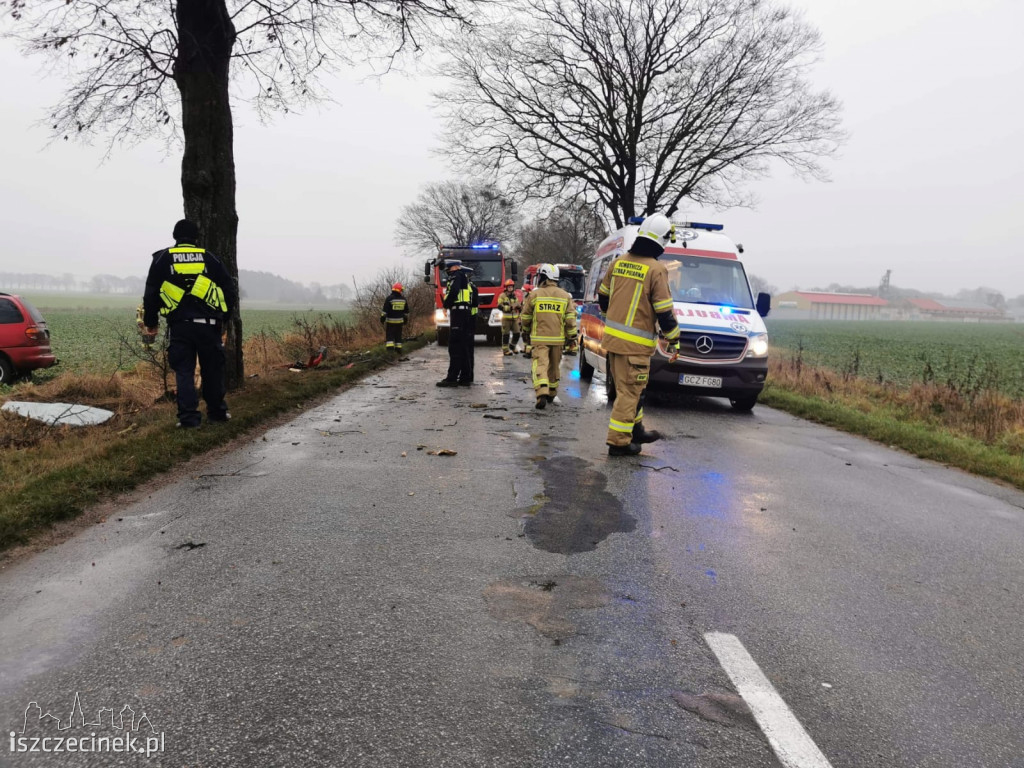 Volkswagen z dużą siłą uderzył w drzewo. Jedna osoba w szpitalu