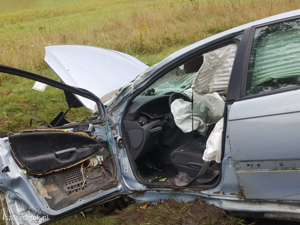 Citroen dachował i uderzył w drzewo. Wypadek na krajowej 