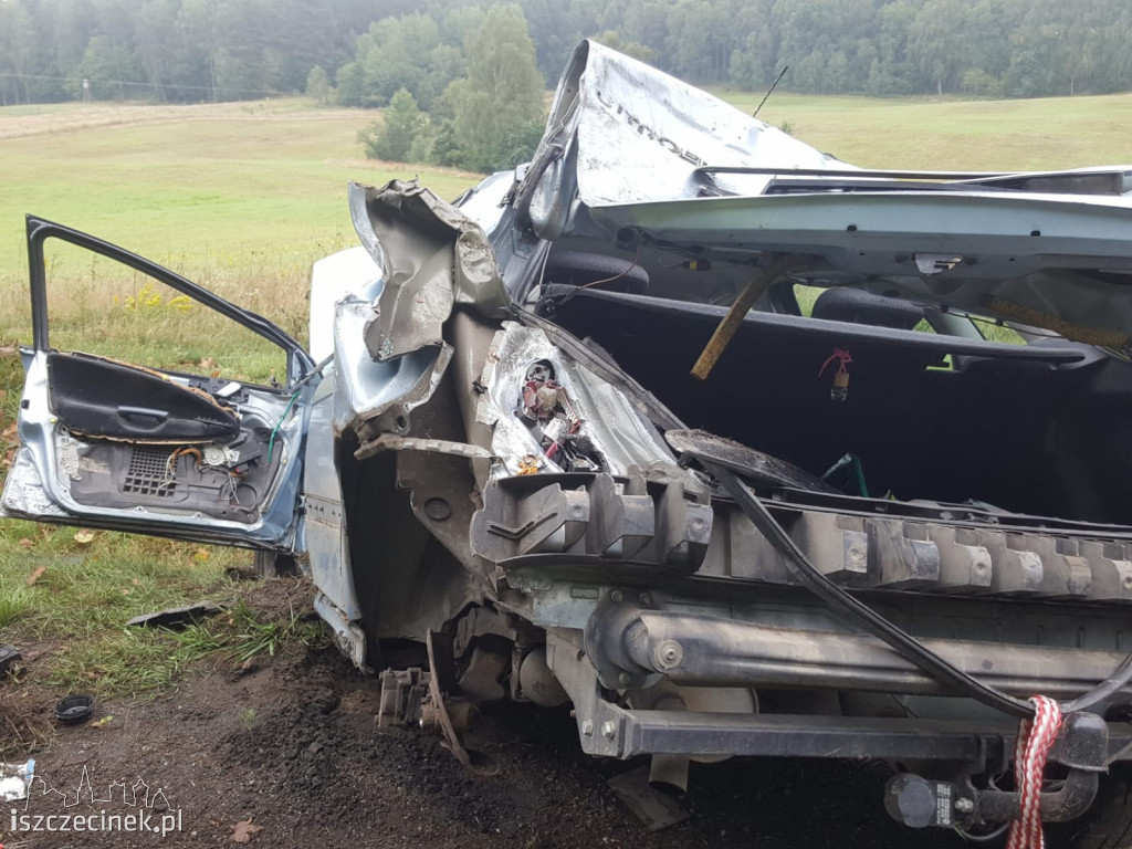 Citroen dachował i uderzył w drzewo. Wypadek na krajowej 