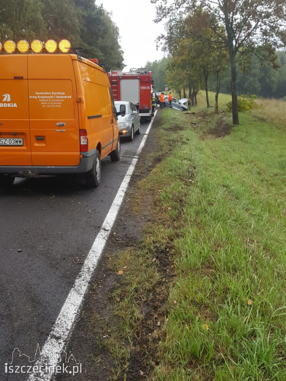 Citroen dachował i uderzył w drzewo. Wypadek na krajowej 