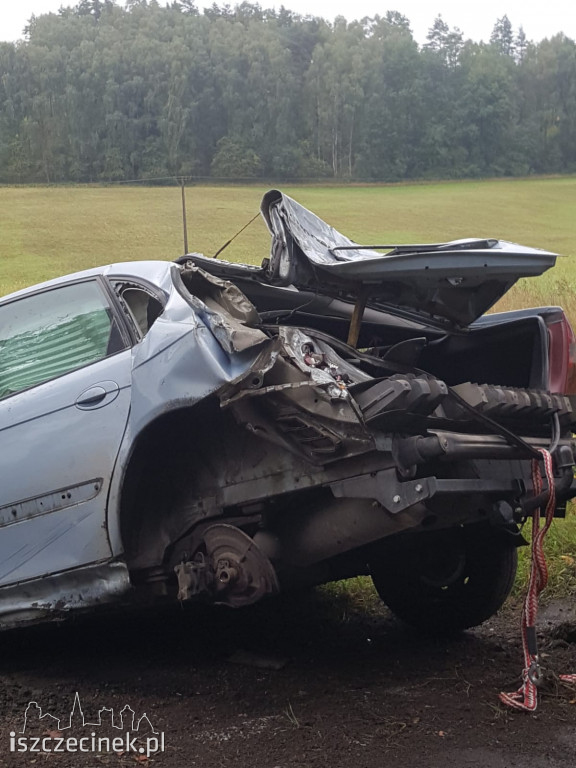 Citroen dachował i uderzył w drzewo. Wypadek na krajowej 