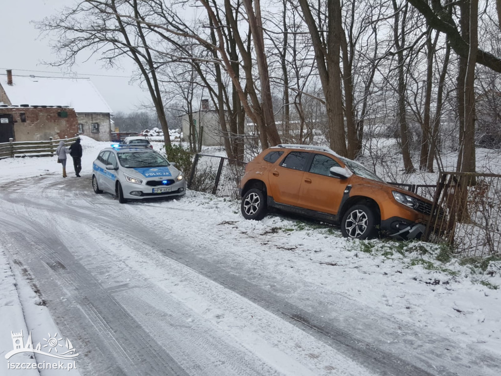 Poślizg Dustera z finałem na płocie 