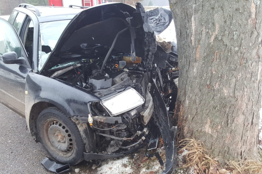 Passat roztrzaskał się na drzewie. Kierowca zabrany do szpitala