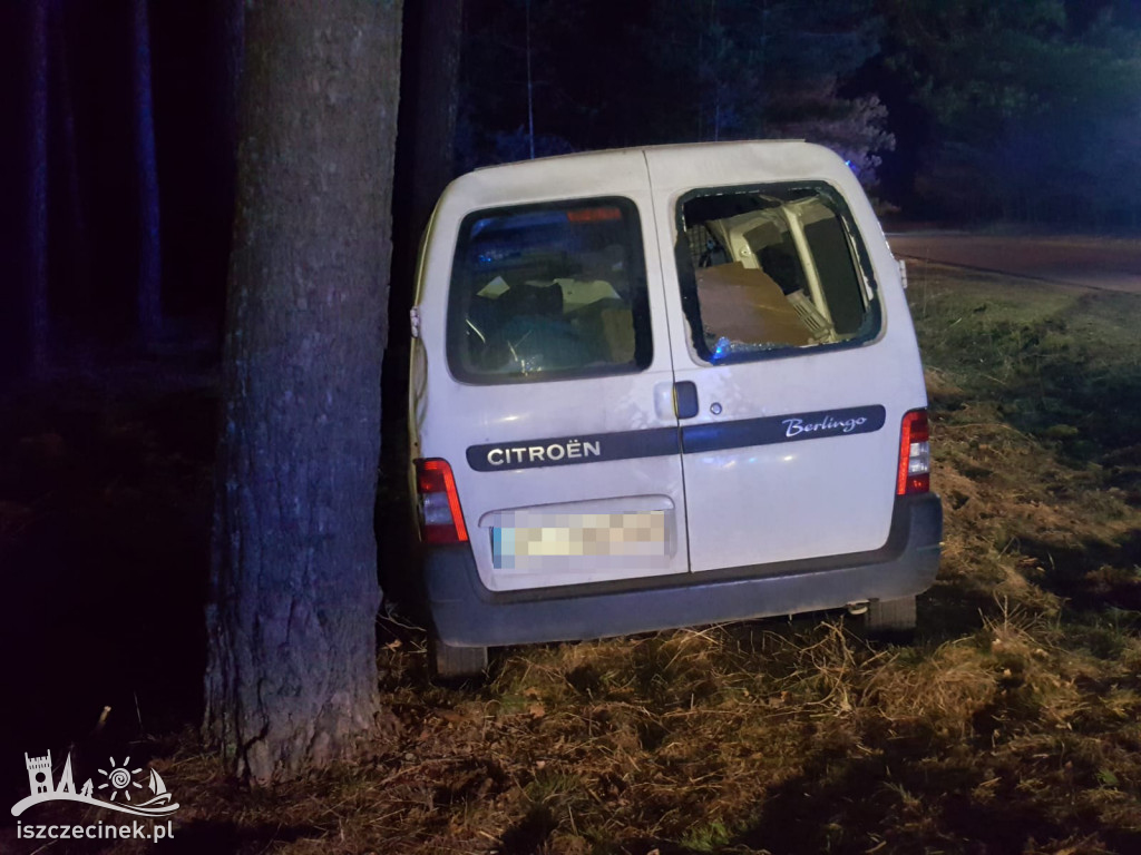 Pod Bornem dostawczak rozbił się na drzewie.