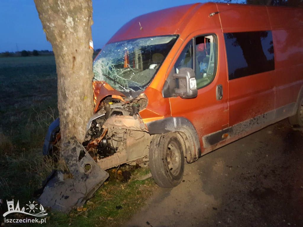 Groźny wypadek pod Szczecinkiem. Bus zderzył się z osobówką i uderzył w drzewo