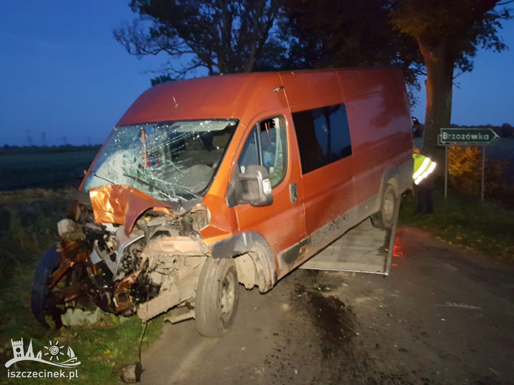 Groźny wypadek pod Szczecinkiem. Bus zderzył się z osobówką i uderzył w drzewo