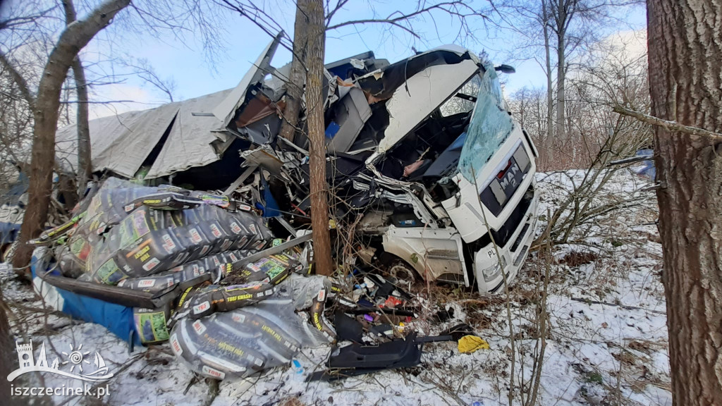 Ciężarówka roztrzaskała się na drzewie, na drodze wojewódzkiej nr 172.