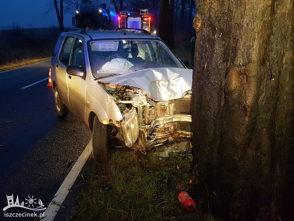 Wypadek przy wjeździe do Barwic. Auto uderzyło w drzewo