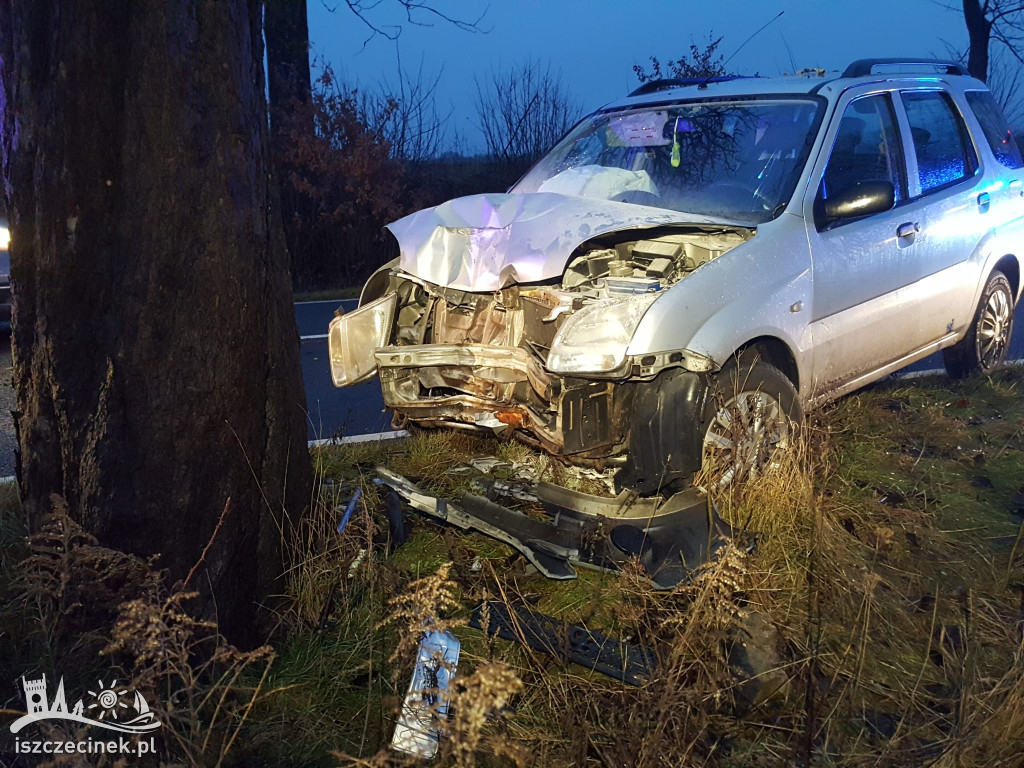 Wypadek przy wjeździe do Barwic. Auto uderzyło w drzewo