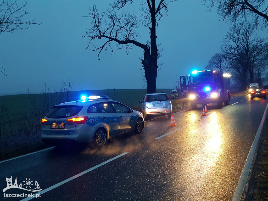 Wypadek przy wjeździe do Barwic. Auto uderzyło w drzewo