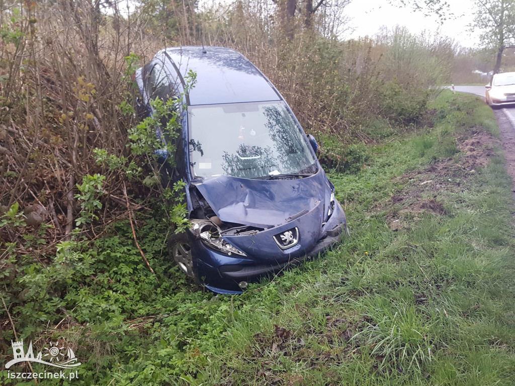 Peugeot wypadł z drogi. Jedna osoba trafiła do szpitala