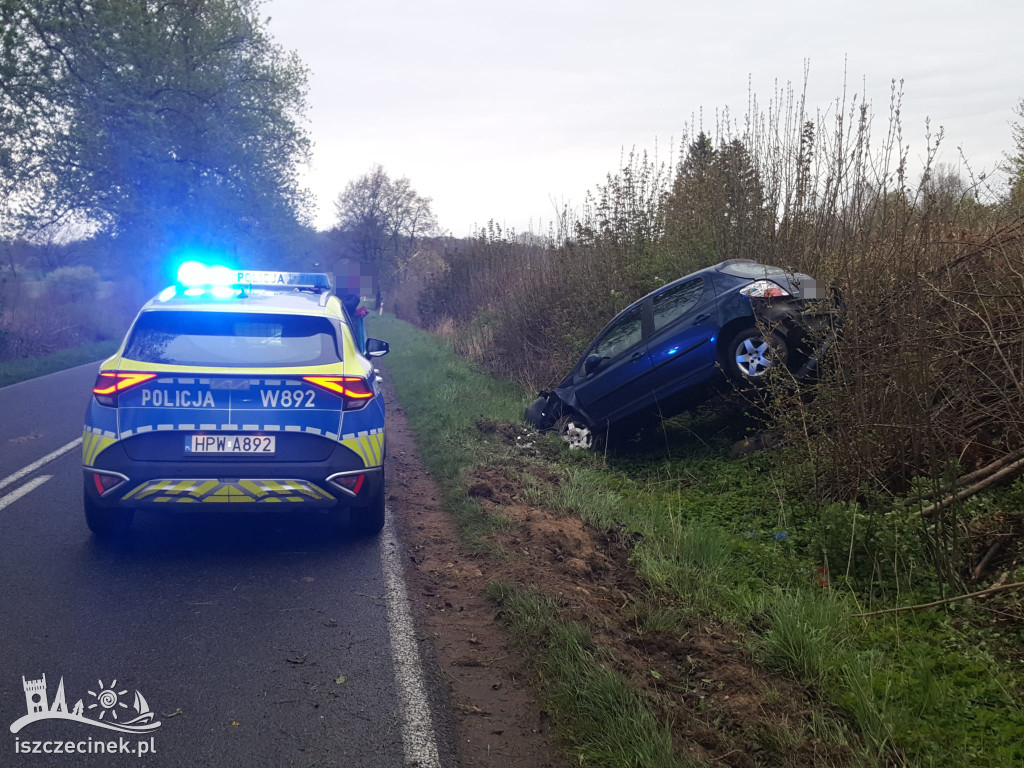 Peugeot wypadł z drogi. Jedna osoba trafiła do szpitala