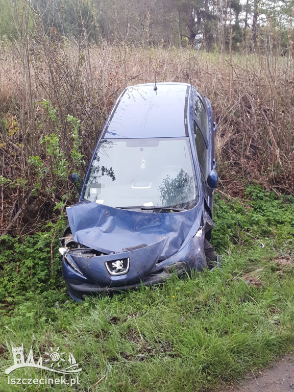 Peugeot wypadł z drogi. Jedna osoba trafiła do szpitala