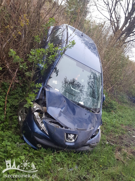 Peugeot wypadł z drogi. Jedna osoba trafiła do szpitala