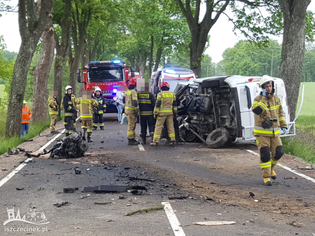 Samochód dostawczy rozbił się na drzewie. Kierowca wyleciał z kabiny