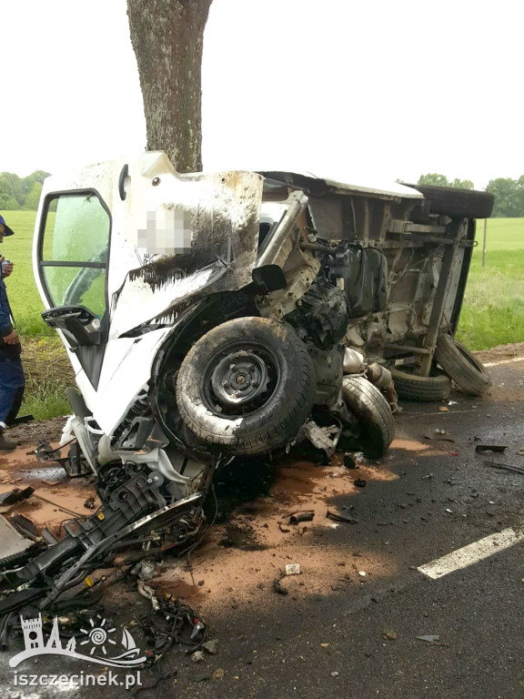Samochód dostawczy rozbił się na drzewie. Kierowca wyleciał z kabiny