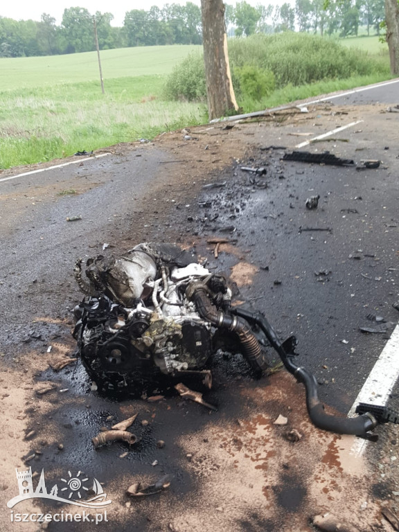 Samochód dostawczy rozbił się na drzewie. Kierowca wyleciał z kabiny