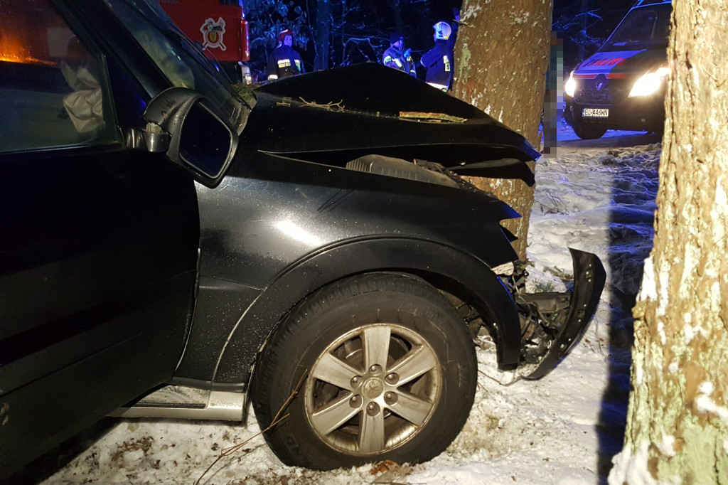 Wypadek na leśnej drodze. Samochód uderzył w drzewo