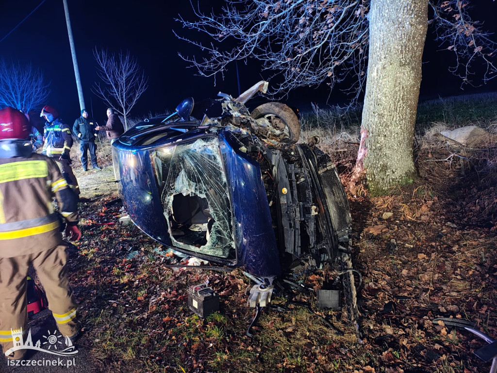 Wypadek w Parchlinie: Volkswagen uderzył w drzewo.