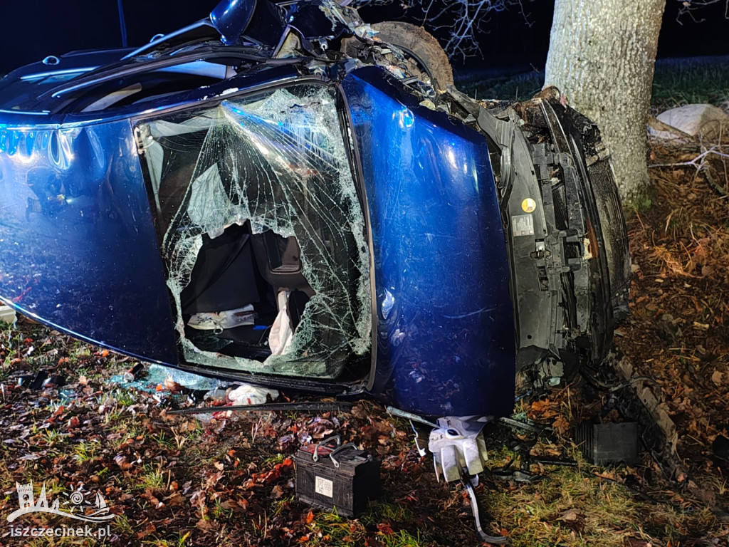 Wypadek w Parchlinie: Volkswagen uderzył w drzewo.