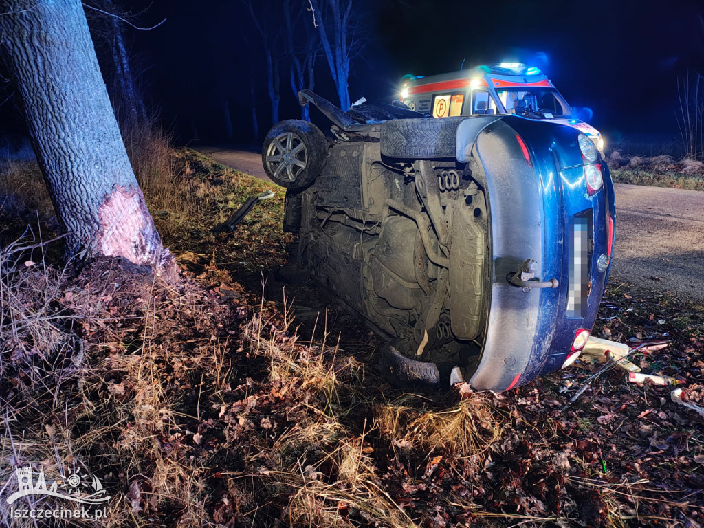 Wypadek w Parchlinie: Volkswagen uderzył w drzewo.