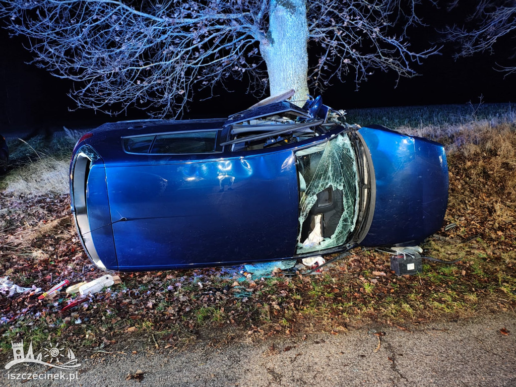 Wypadek w Parchlinie: Volkswagen uderzył w drzewo.