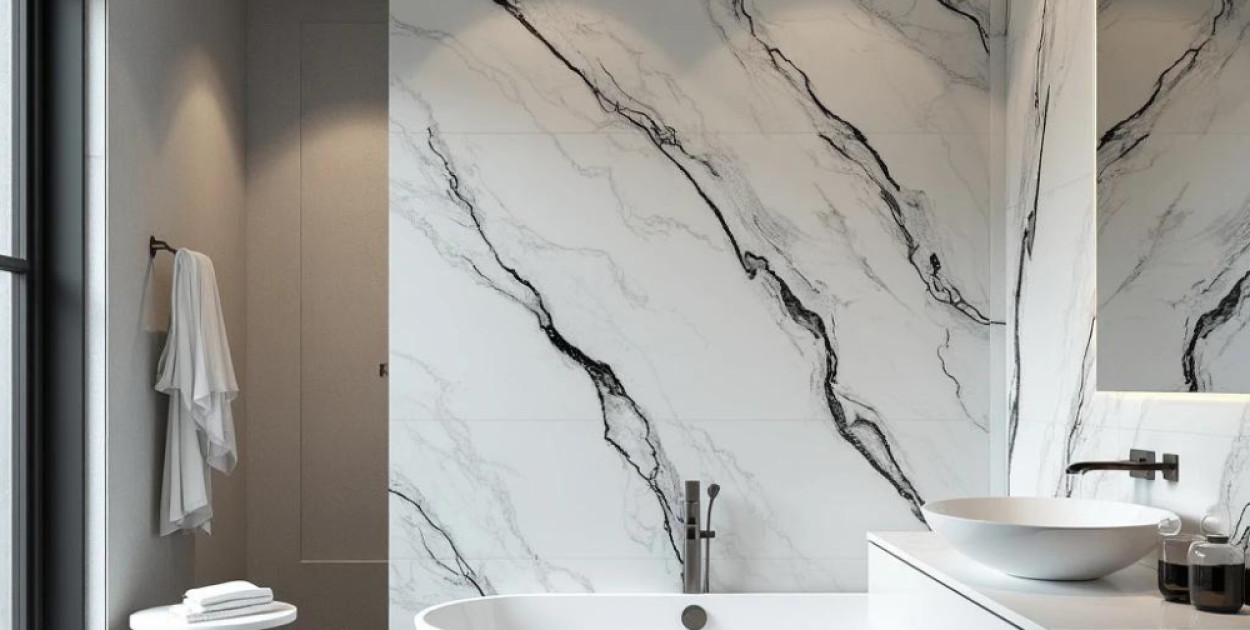 Efekt białego marmuru z żyłami na ścianie