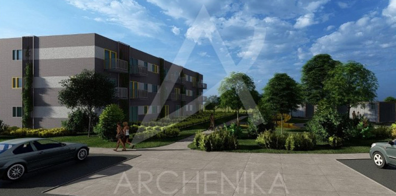 Zdjęcie przedstawia koncepcję budynku wielorodzinnego i 5 kontenerów mieszkalnych przy ul. Zielonej w Barwicach
